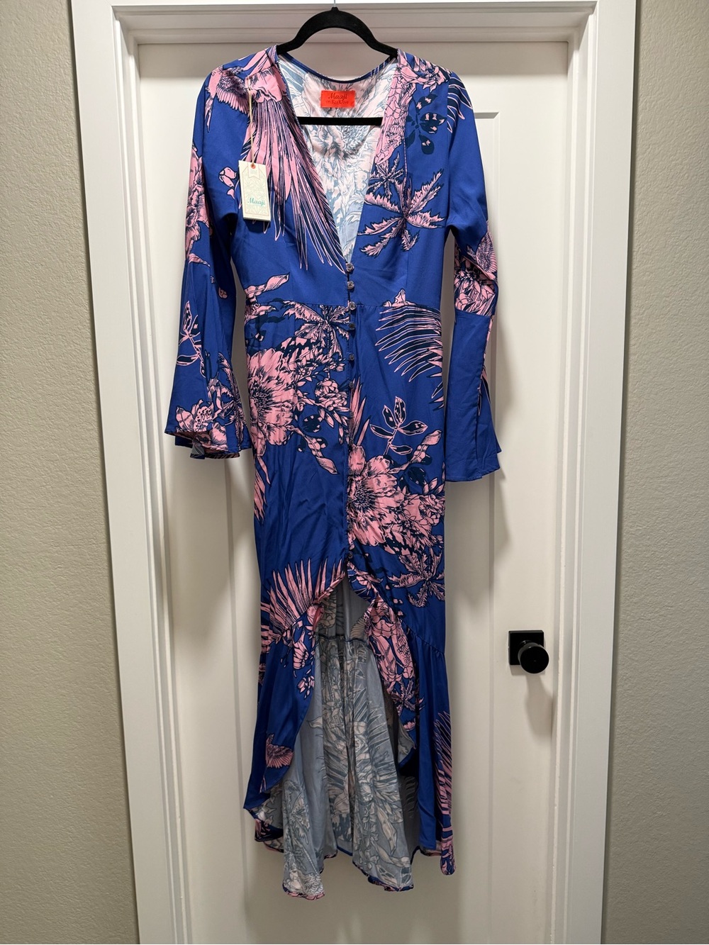 Maaji Blue & Pink Floral High-Low Wrap Dress Size Large